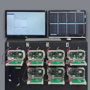 KISTERS datalogger calibration and certification test bench with multiple devices undergoing quality assurance and performance verification.