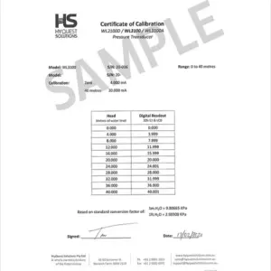 Pressure transducer calibration certificate issued after laboratory calibration and verification