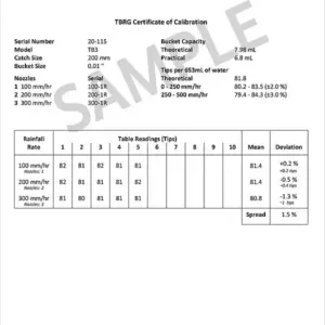 TBRG tipping bucket rain gauge calibration certificate showing laboratory test results and measurement verification