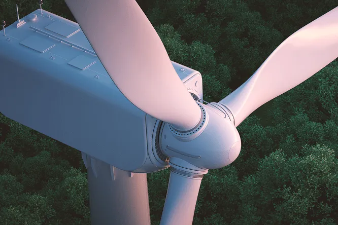 Wind turbine generating renewable energy in natural landscape