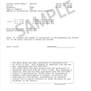 Current meter calibration certificate documenting laboratory verification and flow measurement accuracy
